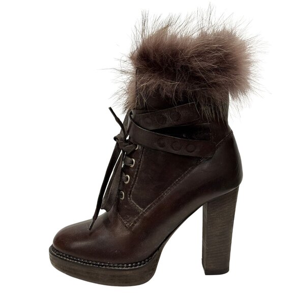 $2110 Brunello Cucinelli NEW! Dark brown lace-up boot w/ fur size 6/36 - Picture 1 of 5